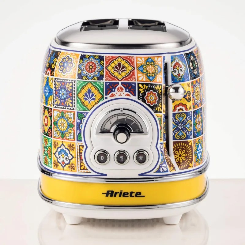 Prajitor de paine Ariete Positano 0155/0P, 810W, 2 felii, 3 functii, 6 trepte, Tava firimituri detasabila, Alb/Galben