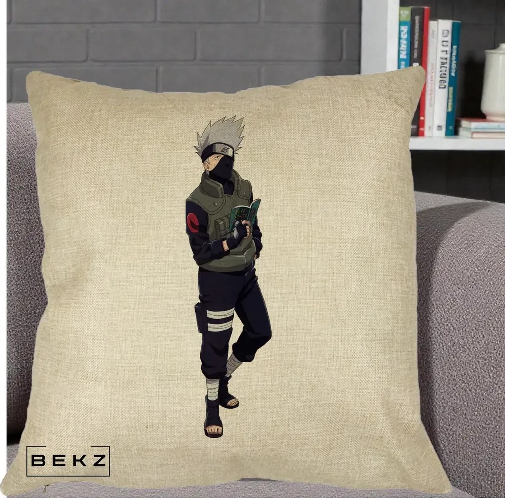 Perna Personalizata Naruto Kakashi Hatake Portret Complet, 40x40 cm, Crem, Husa Detasabila, Perna Inclusa, BEKZ®