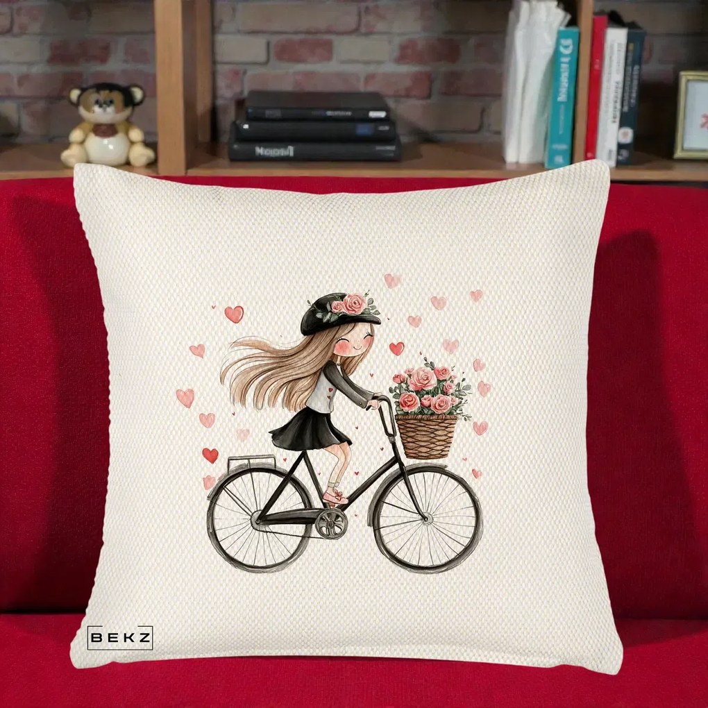 Perna Decorativa Fetita Kawaii pe Bicicleta cu Trandafiri si Inimioare, 40x40 cm, Crem Reliefat, Husa Detasabila, Perna Inclusa, BEKZ®