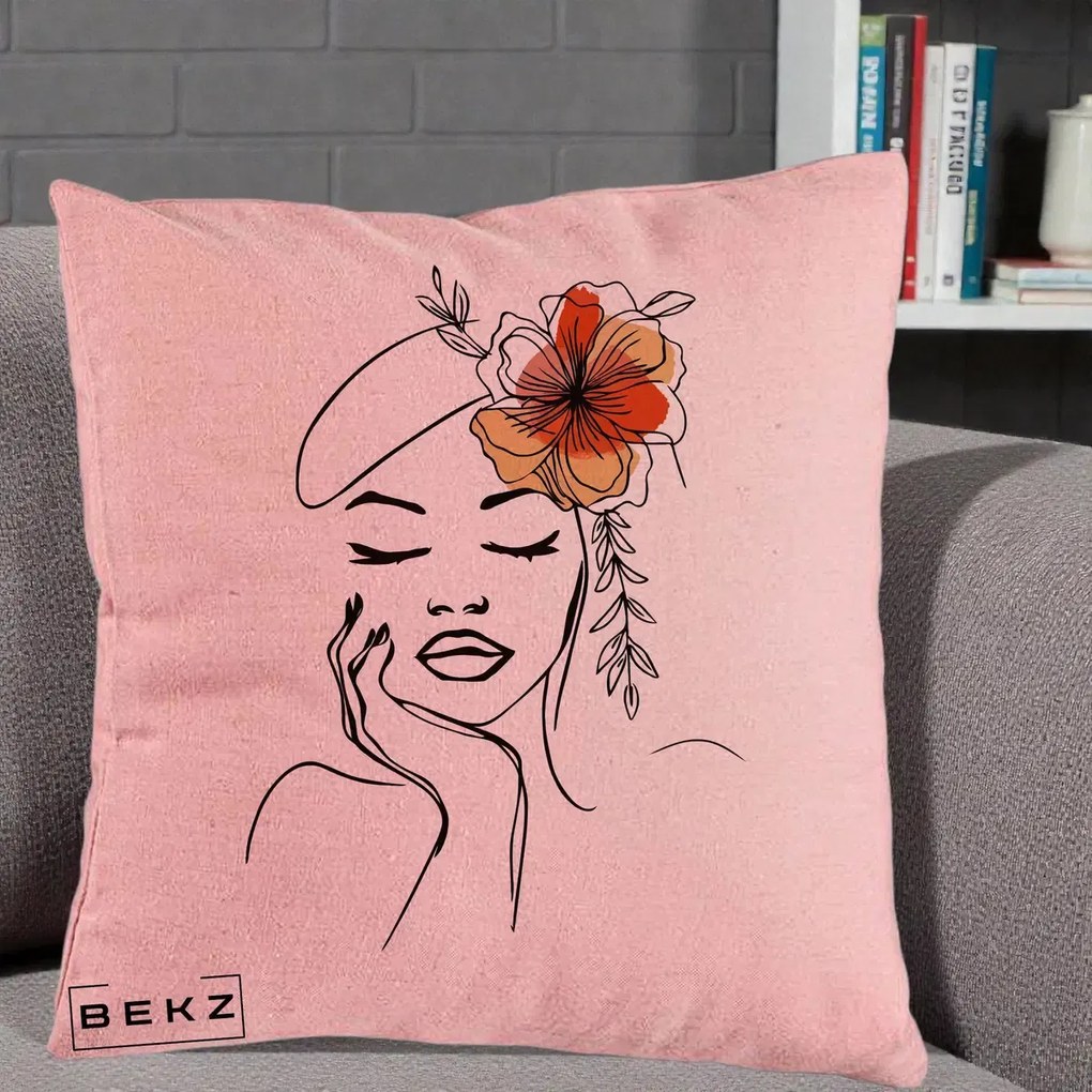 Perna Decorativa Portret Feminin Flori Palarie, 40x40 cm, Roz, Husa Detasabila, Perna Inclusa, BEKZ®