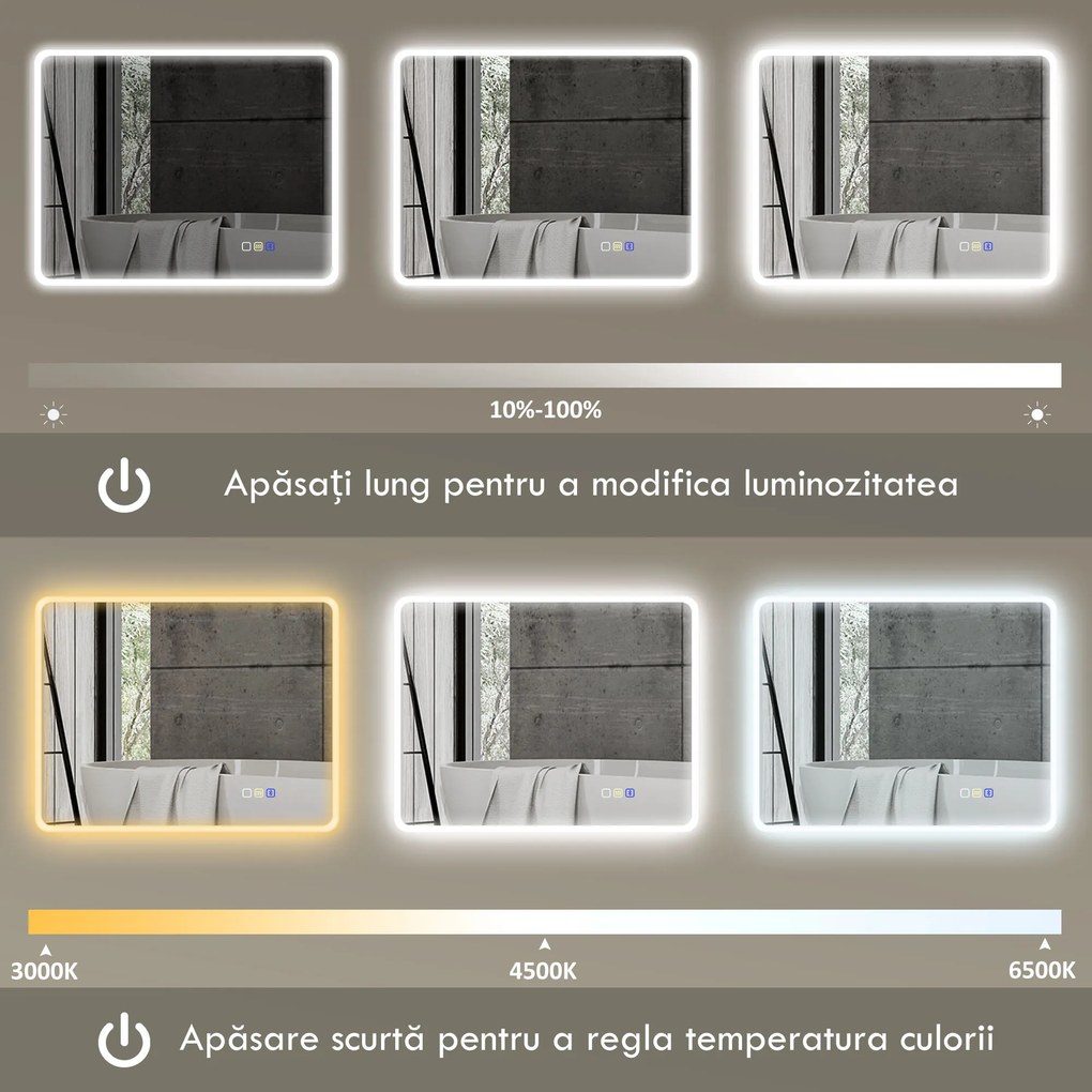 HOMCOM Oglindă de baie LED bluetooth 70 x 90 cm interruptor tactil lumină reglabilă 3 culori anti-abur memorie argintiu | Aosom Romania