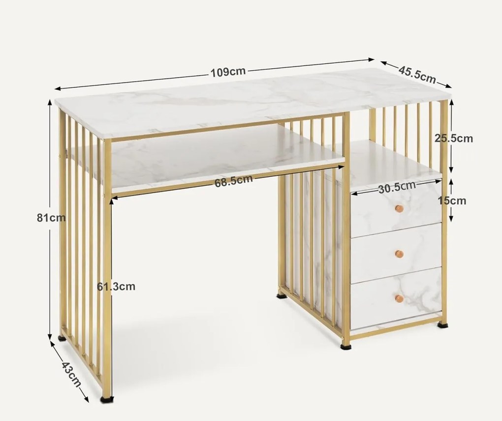 BIAU201 - Birou 109 cm, Masa Manichiura, masa de calculator cu 3 sertare, office, Imitatie de Marmura - Alb / Negru - Auriu