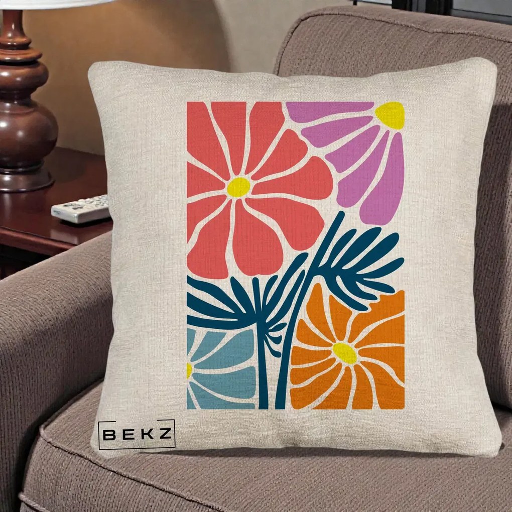 Perna Decorativa Flori Grafice Roz-Orange-Albastru, 40x40 cm, Bej Canapea, Husa Detasabila, Perna Inclusa, BEKZ®