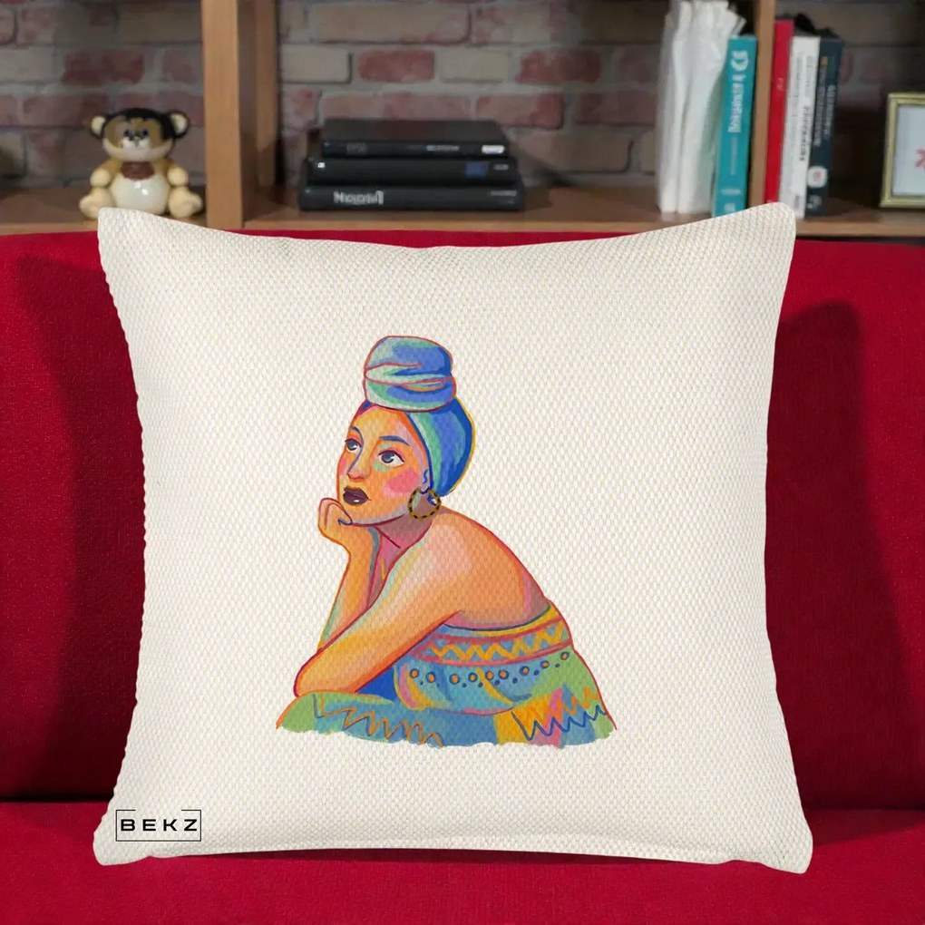 Perna Decorativa Portret Femeie Contemplativa, 40x40 cm, Crem Reliefat, Husa Detasabila, Perna Inclusa, BEKZ®