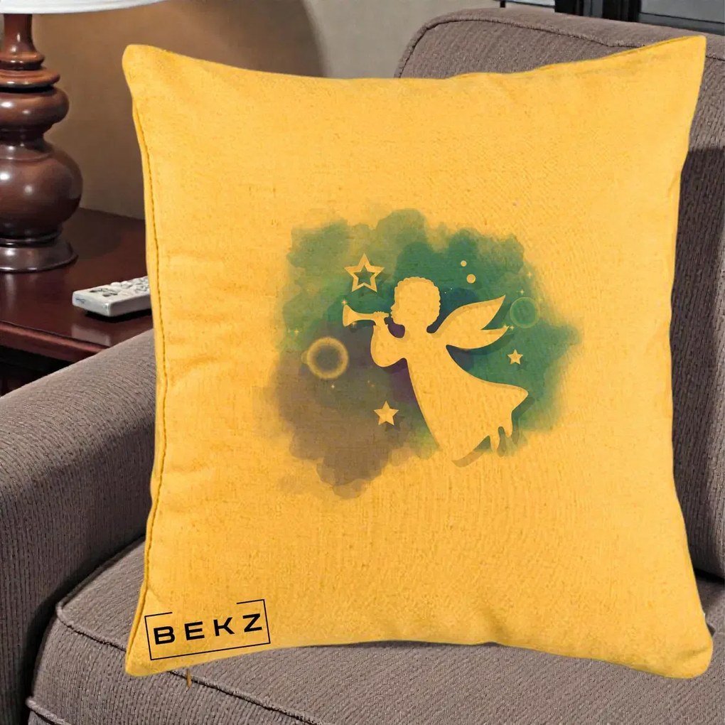 Perna Decorativa Inger cu Trompeta Albastru, 40x40 cm, Galben, Husa Detasabila, Perna Inclusa, BEKZ®
