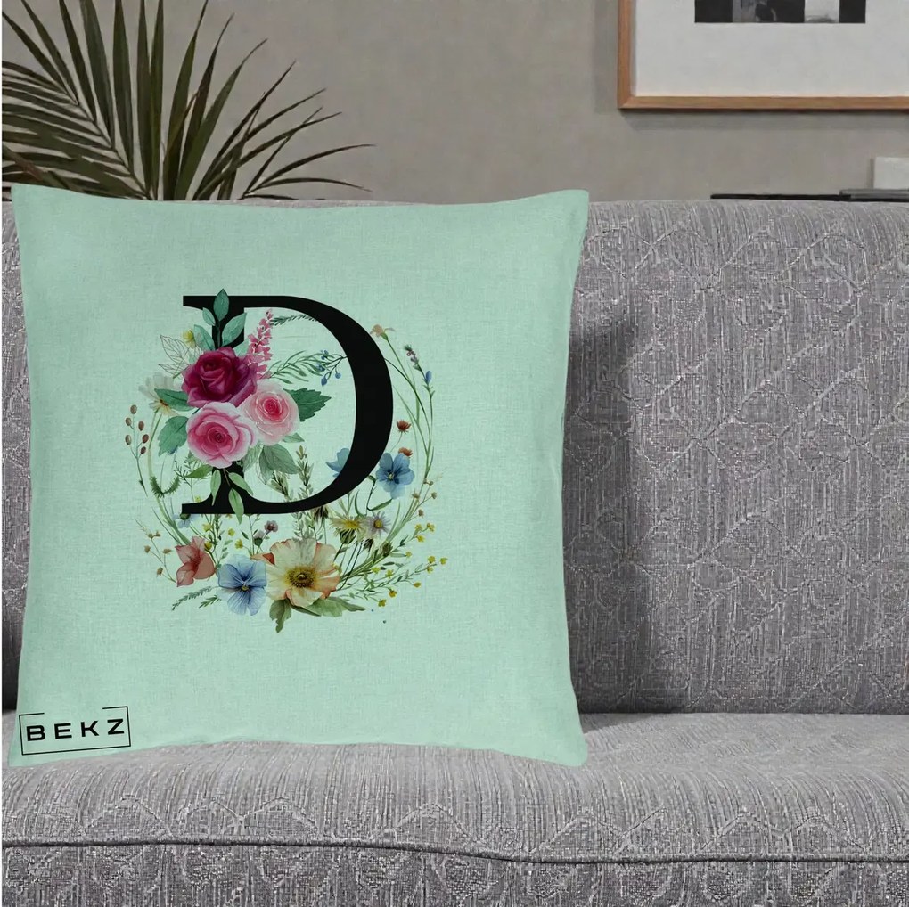 Cadou Personalizat - Perna Personalizata Monogram Litera D cu Flori Acuarela, 40x40 cm, Verde Menta, Husa Detasabila, Perna Inclusa, BEKZ®