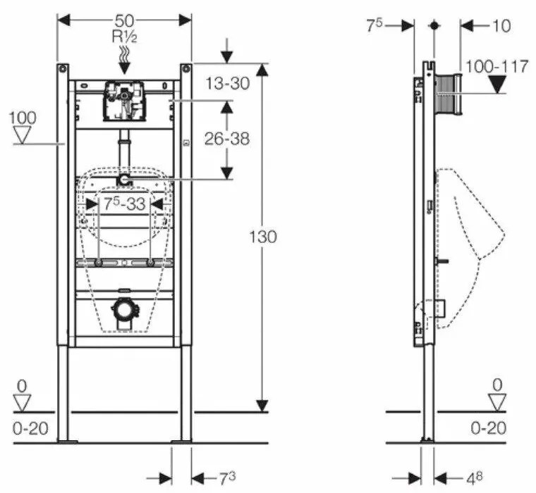 Set de instalare incastrata pentru pisoar, cu control de spalare, inaltime 1,1 pana la 1,3 m, crom mat Crom mat