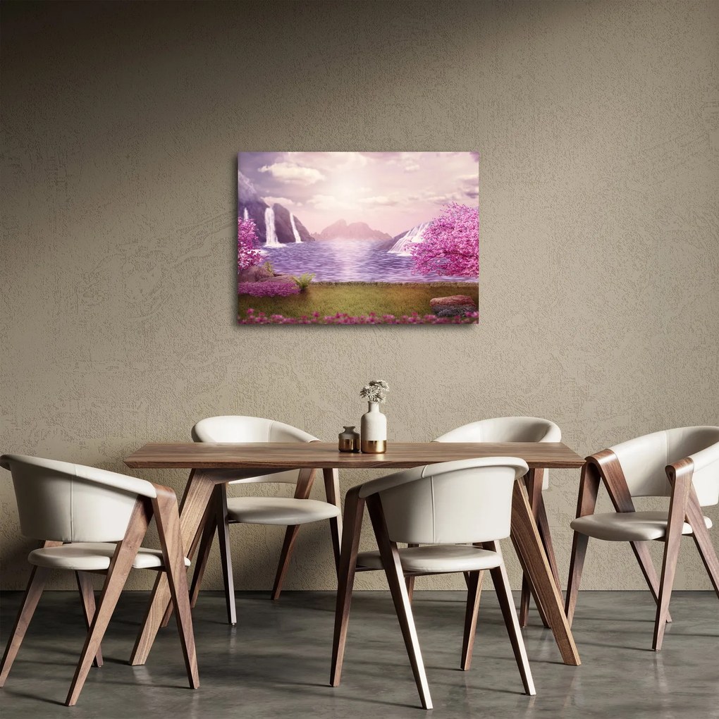 Tablou cu pomi roz cu lac (70x50 cm)