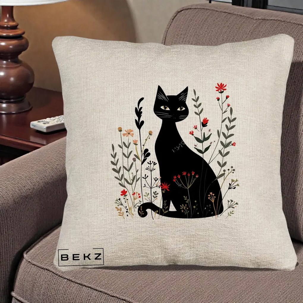 Perna Decorativa Pisica Neagra Botanica Rosu-Gri, 40x40 cm, Bej Canapea, Husa Detasabila, Perna Inclusa, BEKZ®