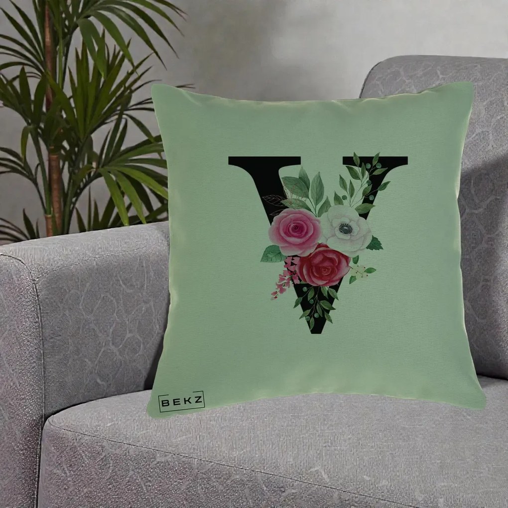 Cadou Personalizat - Perna Personalizata Monograma Florala Litera V cu Buchet, 40x40 cm, Verde, Husa Detasabila, Perna Inclusa, BEKZ®