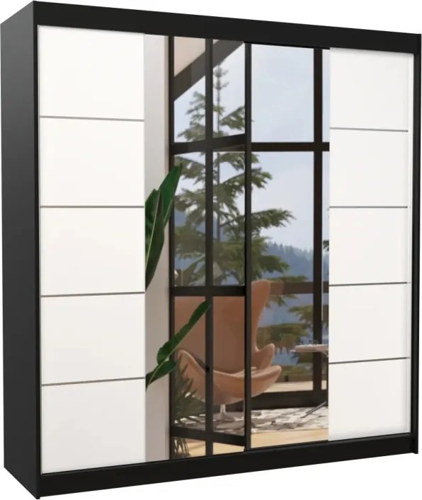 Dulap cu uși glisante DALMATIA – cu oglindă – 200x58x215 cm – Negru / Alb