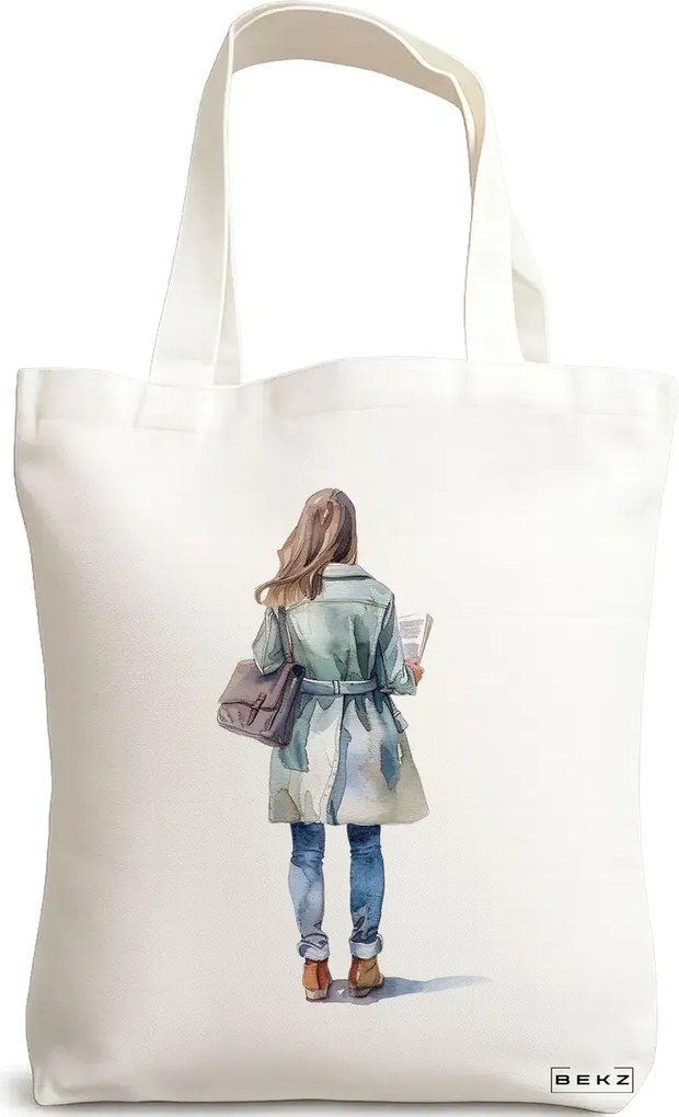 Sacosa de Panza pentru Cumparaturi, Geanta Tote, model The bookie girl 24 38 x 34.5 cm, Alba, BEKZ®