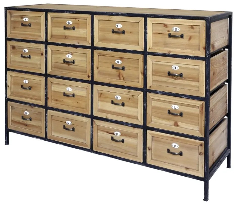 Comoda natur, din lemn masiv si metal, cu 16 sertare, aspect industrial