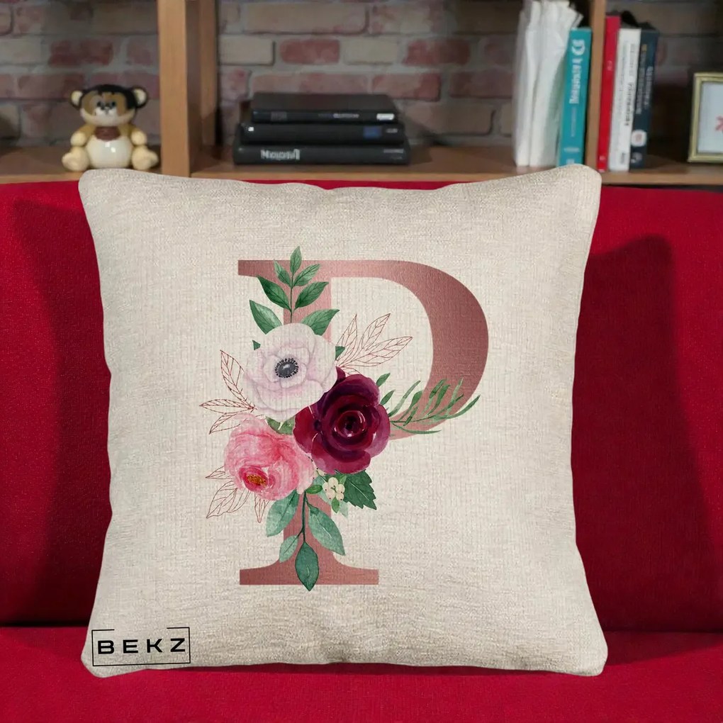 Cadou Personalizat - Perna Personalizata Monograma Rose Gold Litera P, 40x40 cm, Bej Canapea, Husa Detasabila, Perna Inclusa, BEKZ®