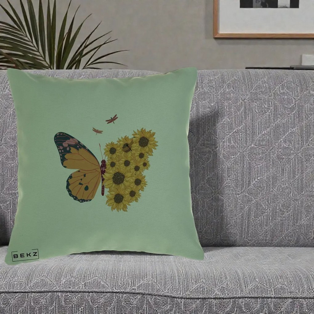 Perna Decorativa Fluture Floarea-Soarelui, 40x40 cm, Verde, Husa Detasabila, Perna Inclusa, BEKZ®