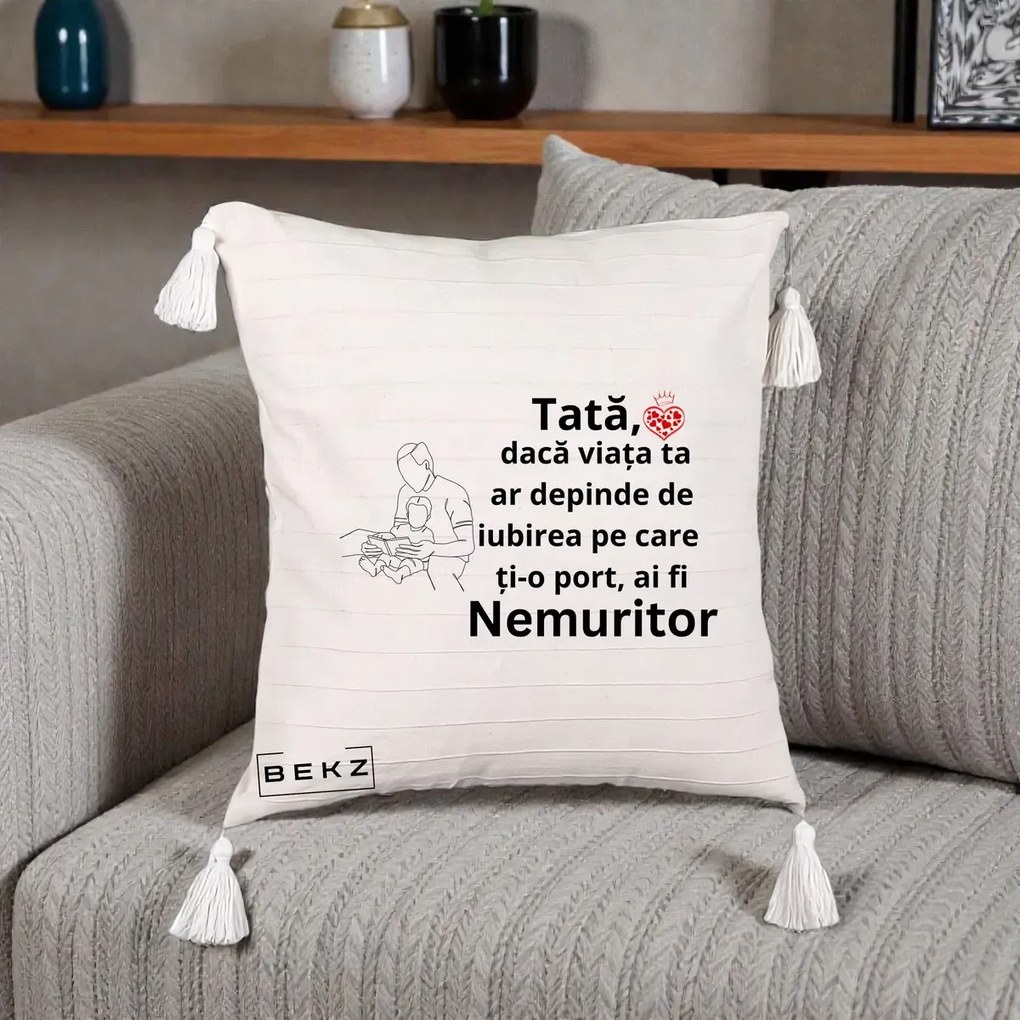 Cadou pentru Tata - Perna Personalizata Tata Nemuritor Lectura, 40x40 cm, Bej cu Franjuri, Husa Detasabila, Perna Inclusa, BEKZ®