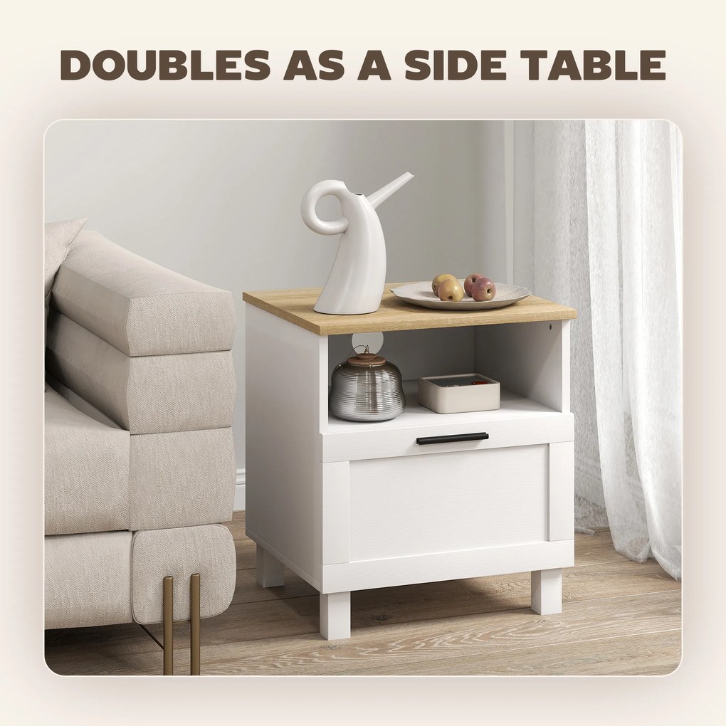 HOMCOM Noptieră Dormitor cu Sertar și Raft Deschis, Noptieră Modernă Compactă cu Picioare din Lemn de Pin, 45x38x50 cm, Alb | Aosom Romania