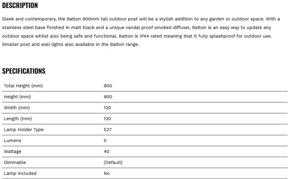 Stalp mediu de exterior IP44 Batton H-90cm
