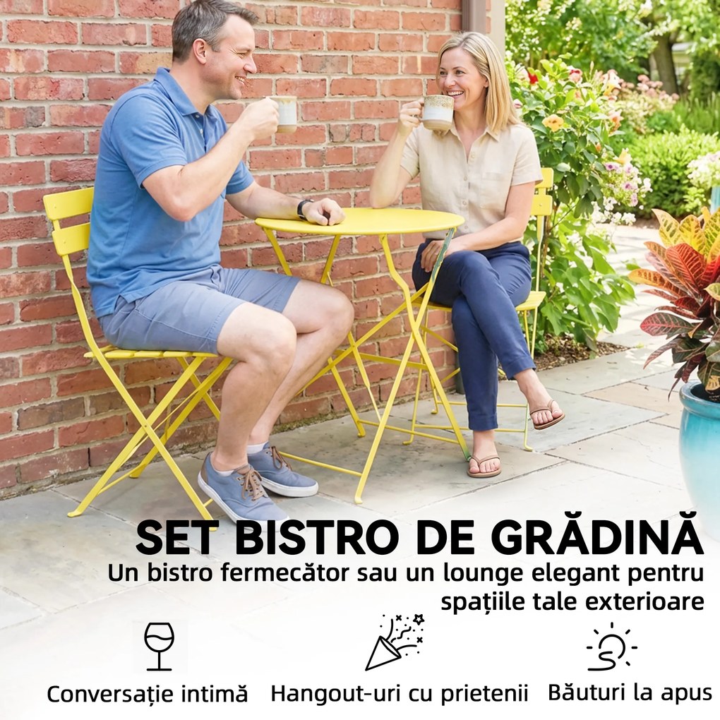 Outsunny Set Bistro, Masă și Scaune Pliabile pentru 2, Grădină, Galben. | Aosom Romania