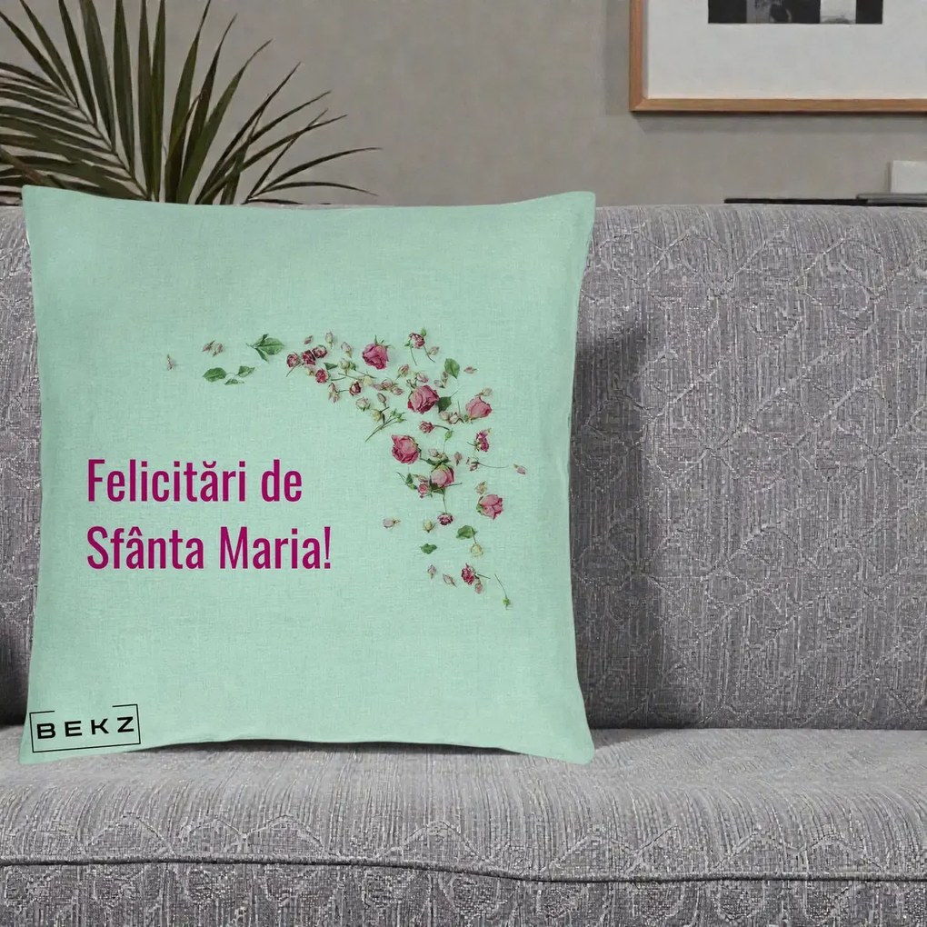 Cadou de Onomastica - Perna Personalizata Felicitari de Sfanta Maria, 40x40 cm, Verde Menta, Husa Detasabila, Perna Inclusa, BEKZ®