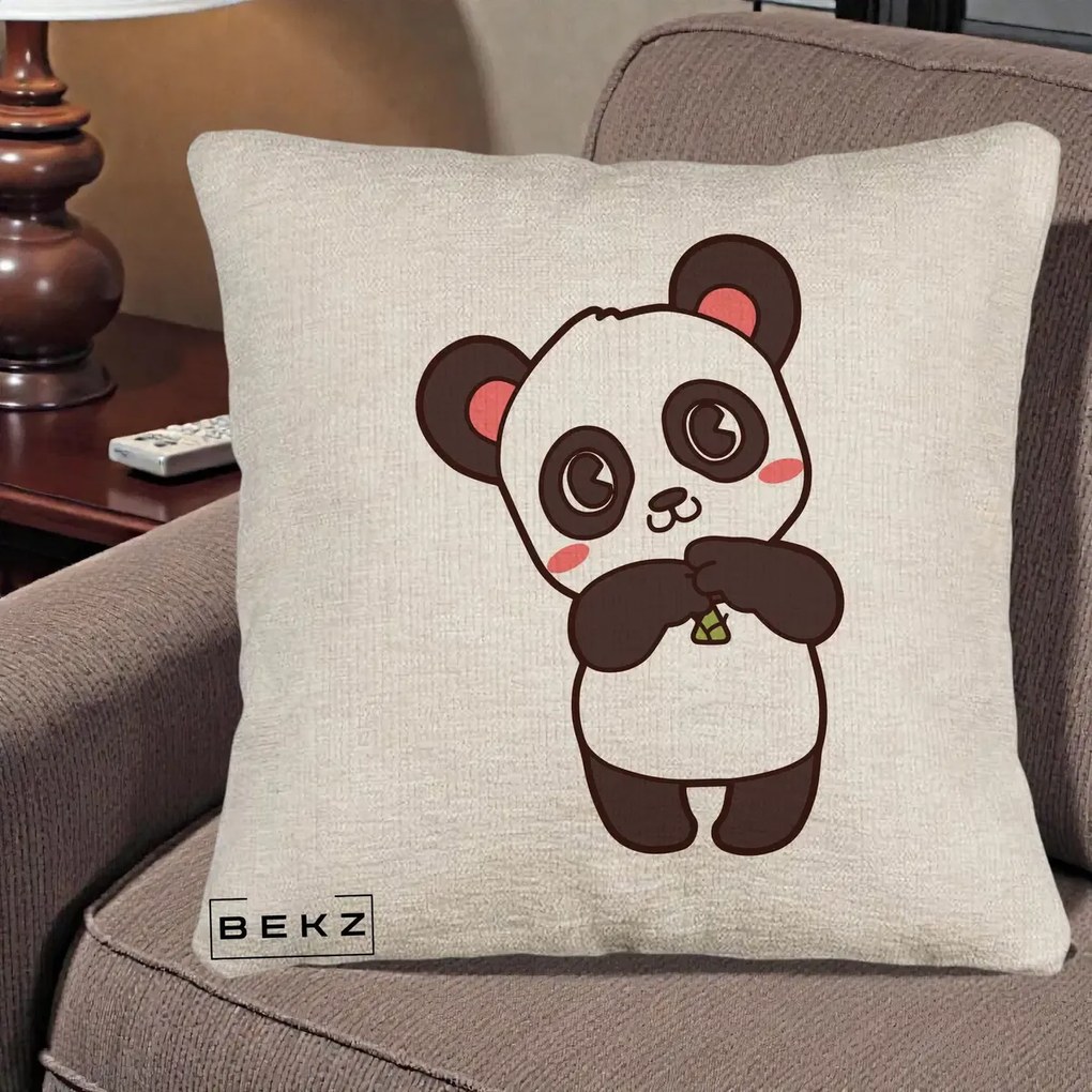 Perna Personalizata Panda Kawaii cu Bambus, 40x40 cm, Bej Canapea, Husa Detasabila, Perna Inclusa, BEKZ®
