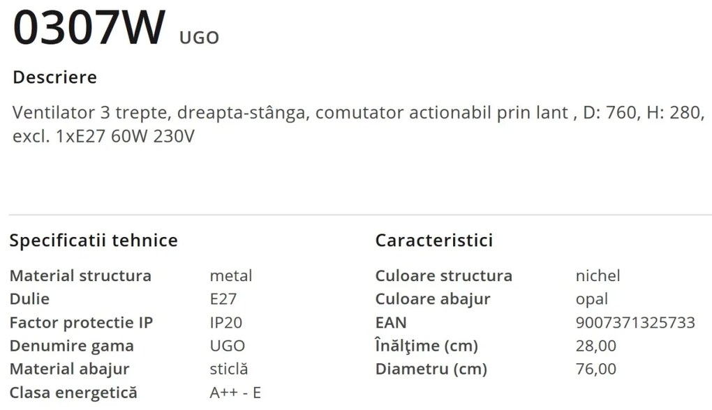 Lustra cu ventilator UGO 0307W GL