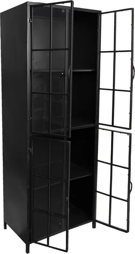 Dulap vitrină industrial din metal, negru, cu 4 uși vitrate, 4 rafturi și ochiuri de geam ca de fereastră, finisaj mat, 141 x 60 x 43 cm, „Fenetre”