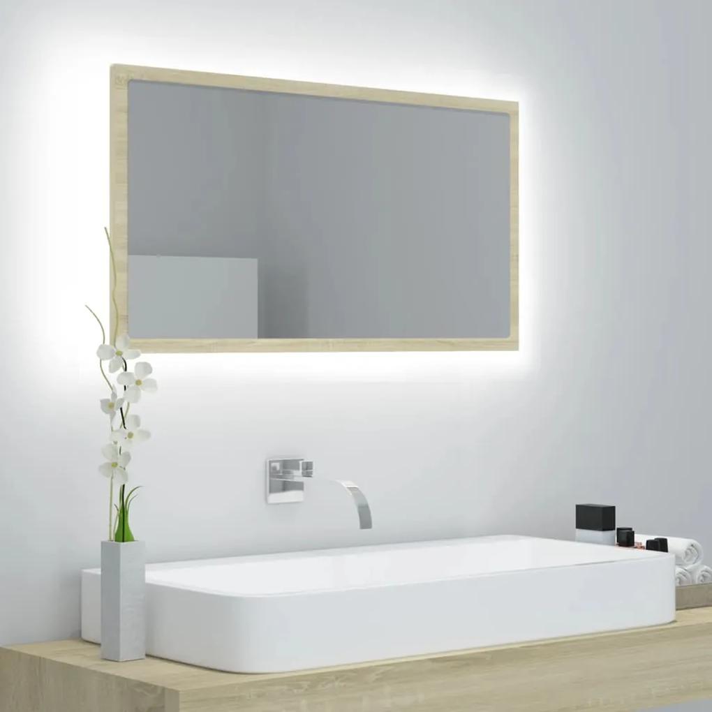 804927 vidaXL Oglindă de baie cu LED, stejar sonoma, 80x8,5x37 cm, acril