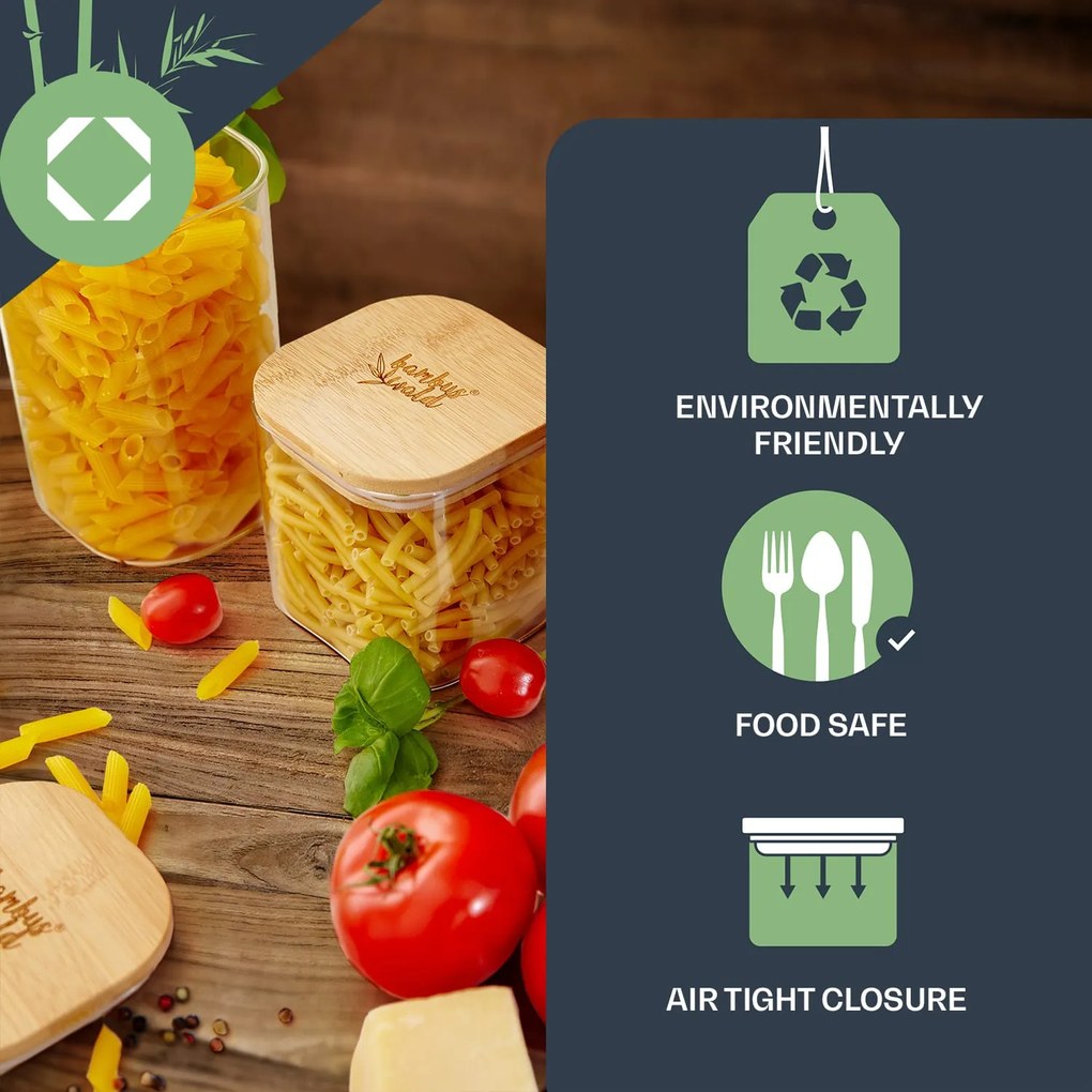 Recipient pătrat pentru păstrarea alimentelor cu capac din bambus, etanș la aer, cu sigiliu din silicon, 10 × 25 × 10 cm