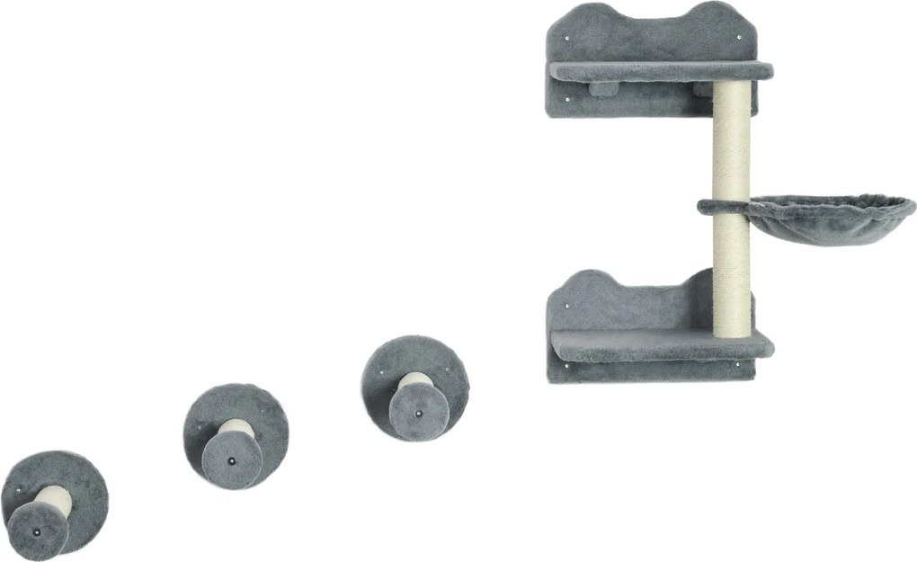 PawHut Trepte de Cățărat, Perete de Cățărat, Scară de Pisici, Set de 4 Piese, cu Copaci de Zgâriat, Hamacă, gri+crem, 40 x 28 x 73 cm | Aosom Romania