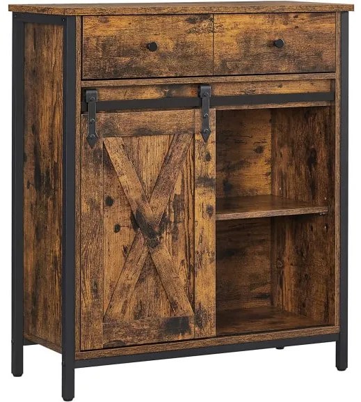 Dulap De Depozitare, Cu 1 Sertar Si Usa Glisanta De Hambar, Maro Rustic Si Negru, 70 Cm