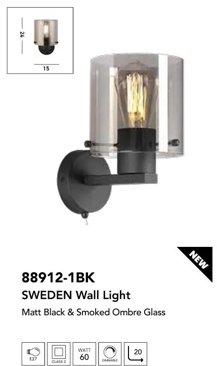 Aplica de perete moderna Sweden 1L negru, fumuriu