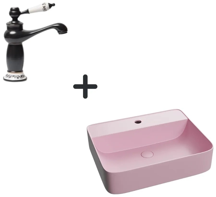 Set lavoar baie dreptunghiular roz mat cu ventil inclus plus baterie neagra retro Foglia