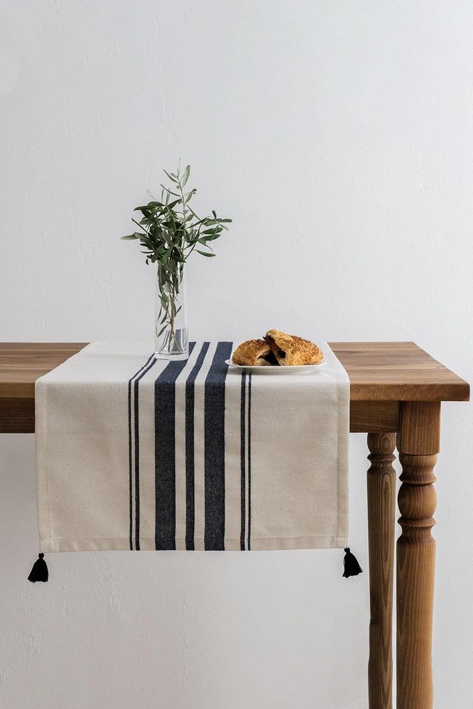 Traversa masa TEREZA, alb/albastru inchis, bumbac/poliester, 50x150 cm