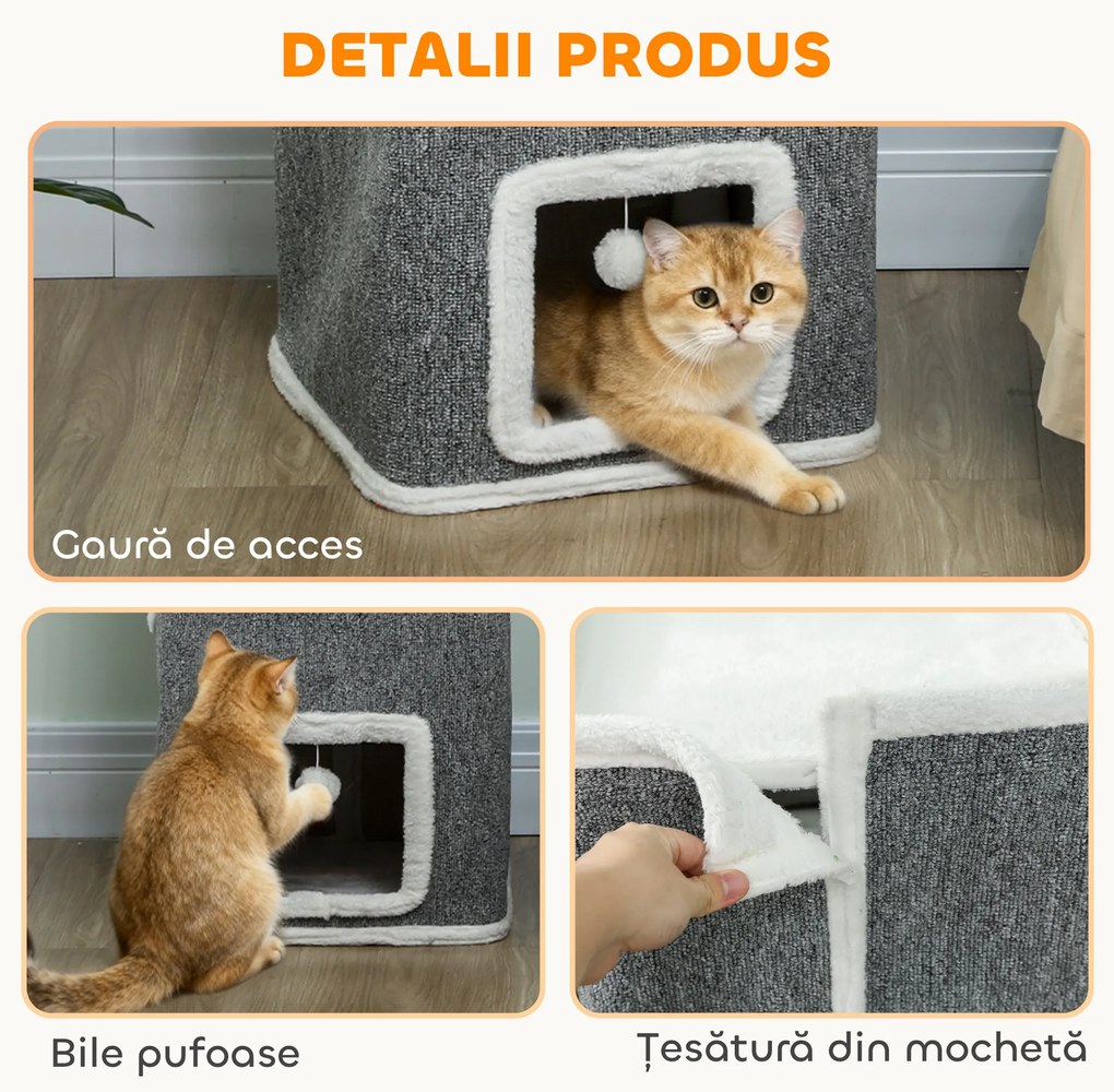 PawHut Ansamblu de joacă pentru Pisici cu 4 Nivele, 3 Bile de Jucărie din PAL, Textil și Pluș, 41x41x100 cm, Gri și Alb | Aosom Romania