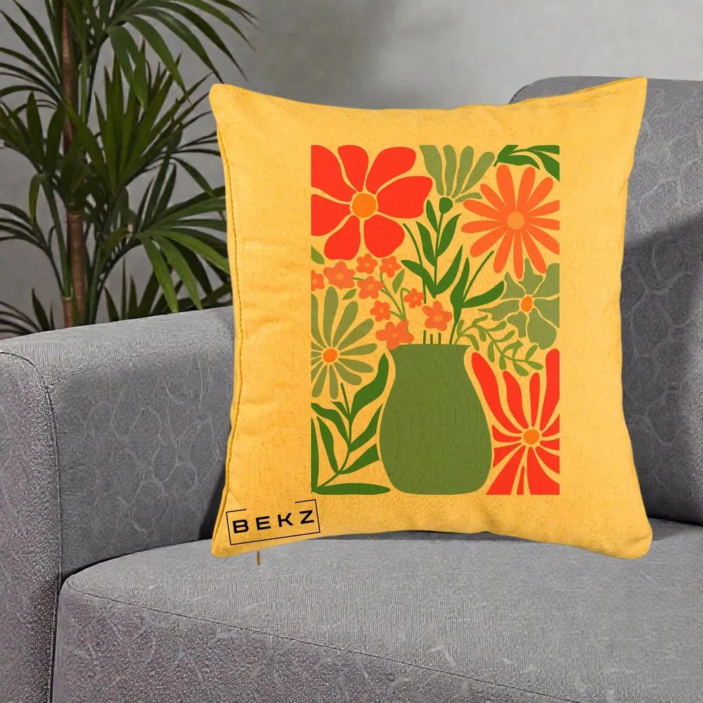 Perna Decorativa Flori in Vaza Turcoaz, 40x40 cm, Galben, Husa Detasabila, Perna Inclusa, BEKZ®
