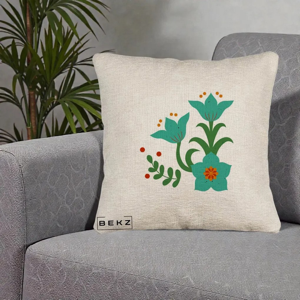 Perna Decorativa Flori Stilizate Folk Turcoaz, 40x40 cm, Bej Canapea, Husa Detasabila, Perna Inclusa, BEKZ®