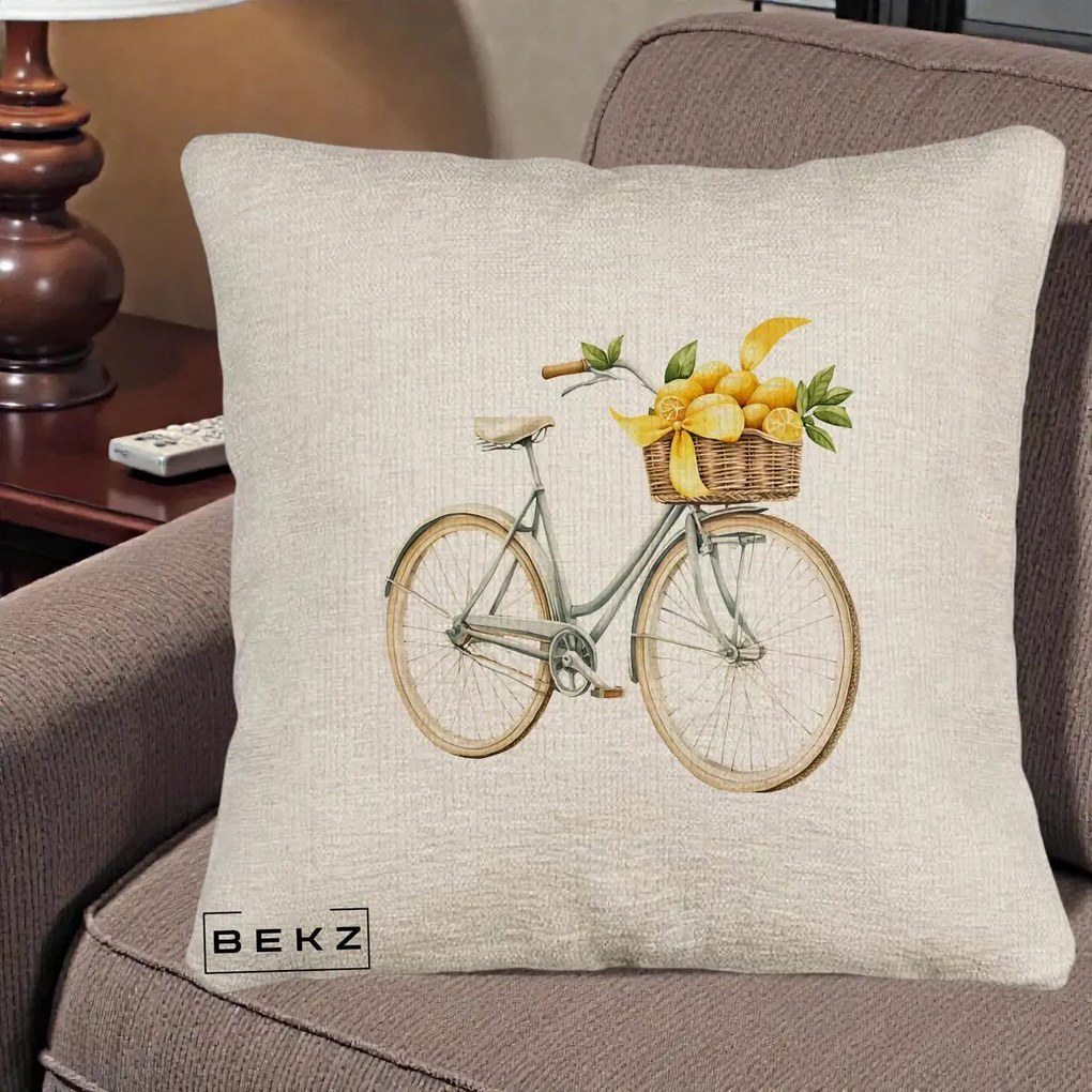 Perna Decorativa Bicicleta cu Cos de Lamai Mediteranean, 40x40 cm, Bej Canapea, Husa Detasabila, Perna Inclusa, BEKZ®