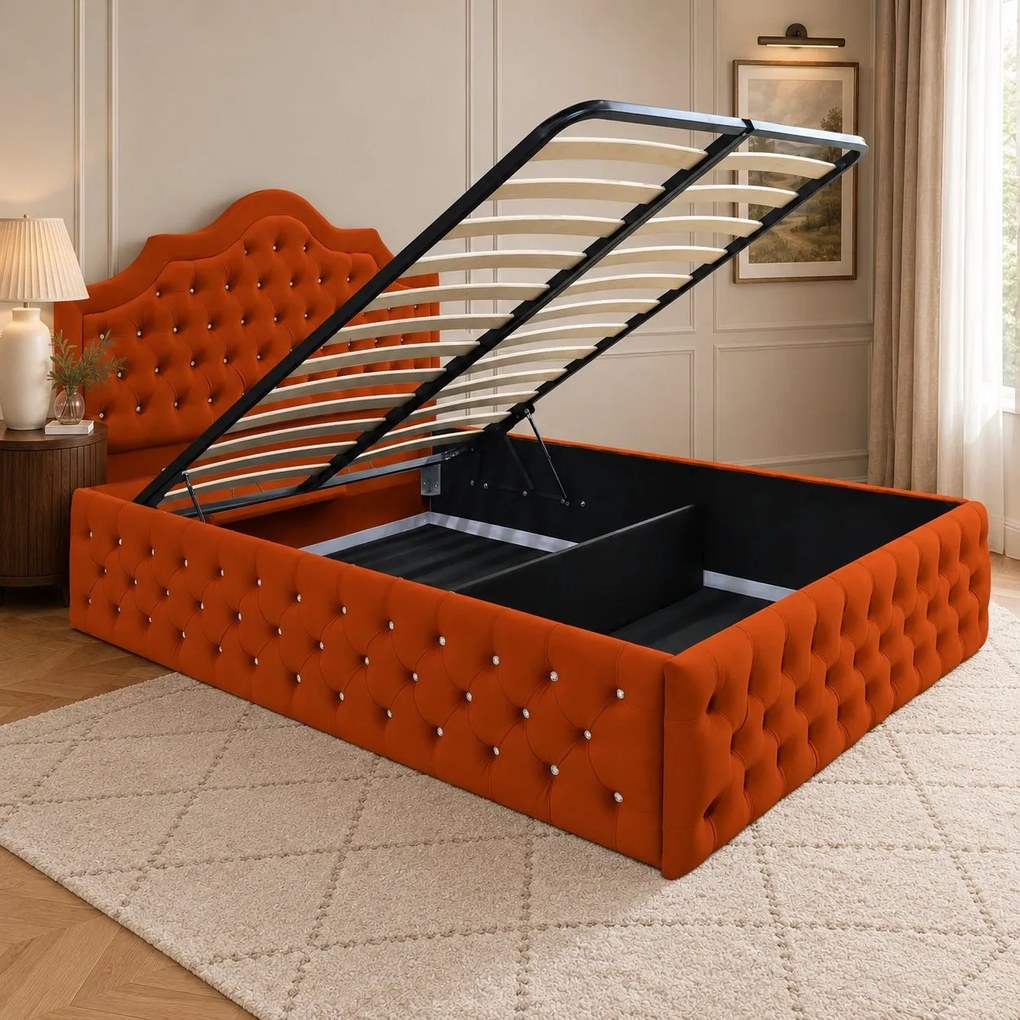 Pat tapițat Chesterfield din catifea Imperio Deluxe 140×200 cm, cărămiziu, cu ladă de depozitare