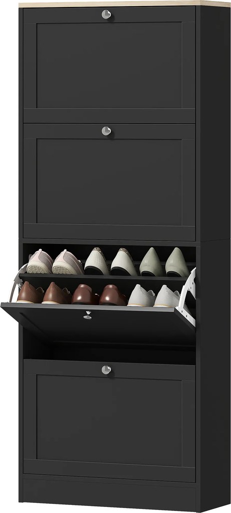 HOMCOM Dulap pentru încălțăminte 24 perechi, dulap cu 4 sertare rabatabile, etajere reglabile, 60x23,5x151cm, negru | Aosom Romania