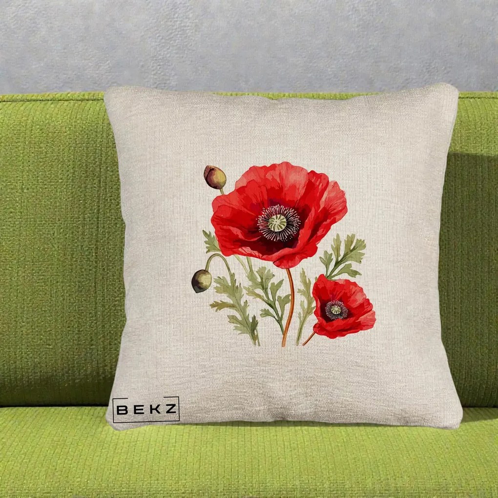 Perna Decorativa Maci Rosii Acuarela, 40x40 cm, Bej Canapea, Husa Detasabila, Perna Inclusa, BEKZ®