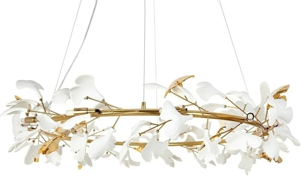 Lustra Suspendata, Metal Auriu, Petale Flori Albe Ceramice, FLORA 100