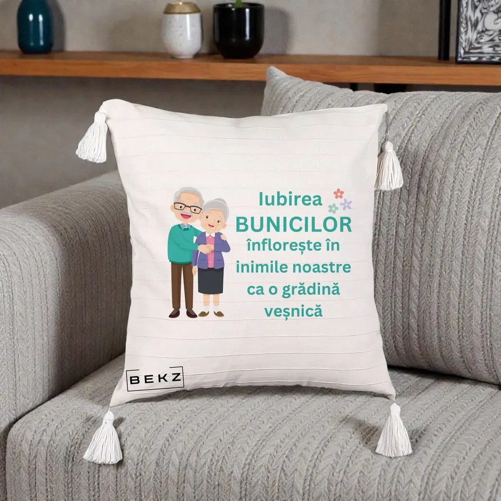 Cadou pentru Bunici - Perna Personalizata Bunicii Iubirea Infloreste Cuplu Senior Teal, 40x40 cm, Bej cu Franjuri, Husa Detasabila, Perna Inclusa, BEKZ®