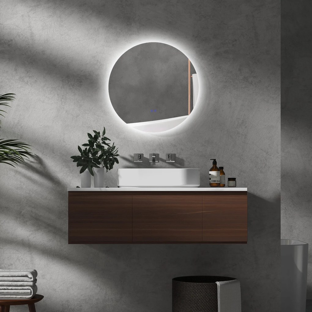 kleankin Oglindă rotundă luminoasă cu LED pentru baie Ø 60 cm pe perete cu iluminare comutator tactil sistem antiaburire 29 W argintiu | Aosom Romania