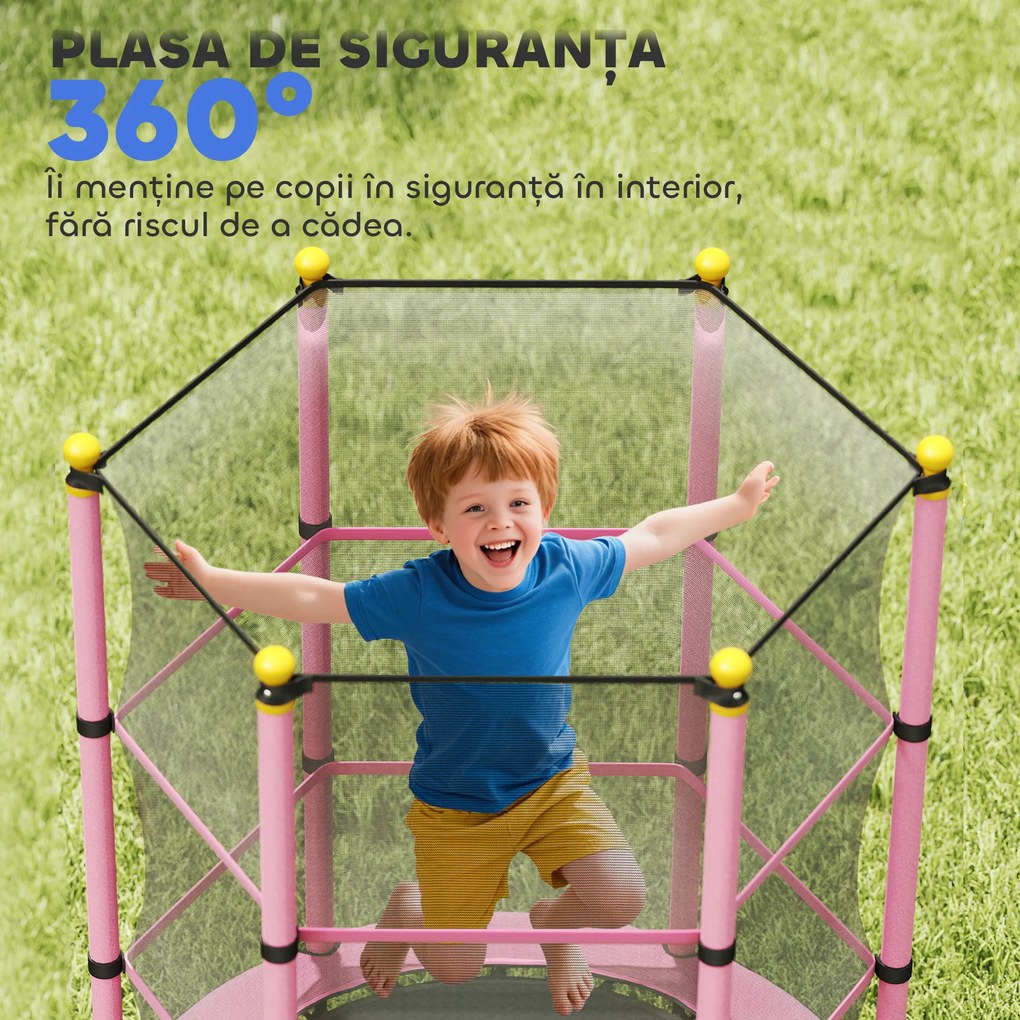 HOMCOM Trambolină Elastică pentru Copii 3-10 Ani cu Plasă de Siguranță și Țevi Capitonate, Ø140x190 cm, Roz | Aosom Romania