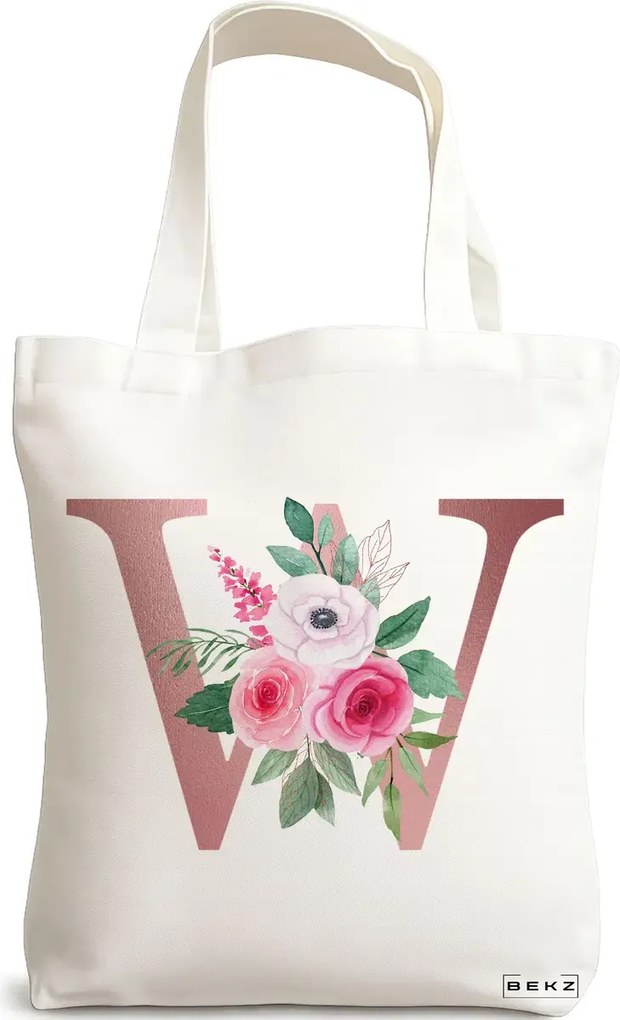 Sacosa de Panza pentru Cumparaturi, Geanta Tote, Cu litera W Rose Gold si Trandafiri, 38x34.5 cm, Alba, BEKZ®