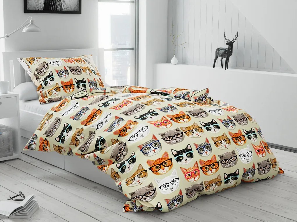 Lenjerie de pat din bumbac bej CAT GLASSES Dimensiune lenjerie de pat: 70 x 90 cm | 140 x 200 cm