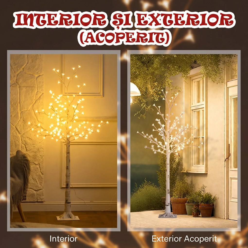 HOMCOM Copac Di Betulla Con 120 Lumini Led Înalt 150cm 3 Niveluri Luminosità Alb | Aosom Romania