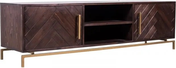 Comodă TV din lemn masiv, maro, cu 2 uși în model os de pește, nișă centrală cu raft și bază metalică aurie, 52 x 185 x 45 cm, „Versailles”