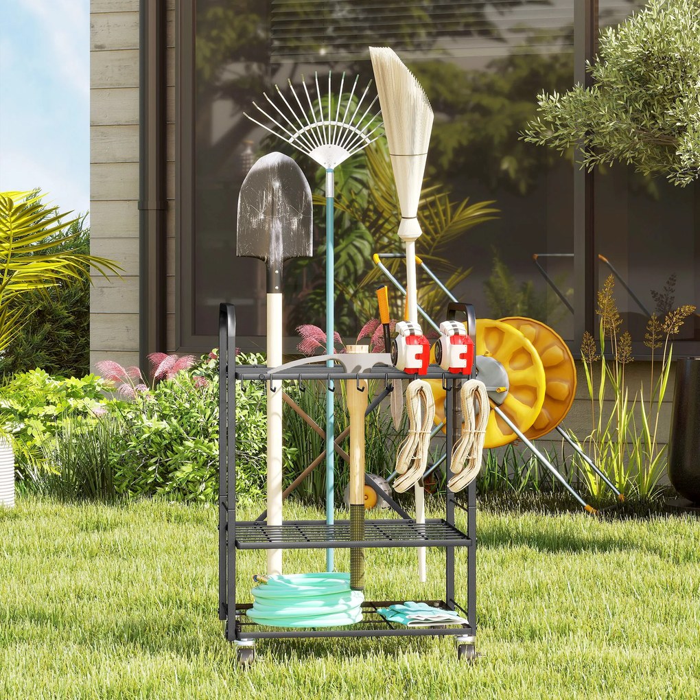 Outsunny Organizator de unelte de grădină, suport pentru unelte de grădină cu 40 compartimente pe 2 niveluri cu roți 57 x 48 x 70 cm negru | Aosom Romania